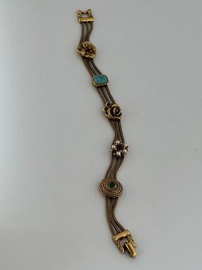 Vintage Gold Tone Multi Chain Bracelet Floral Stations Faux Turquoise Rhinestone
